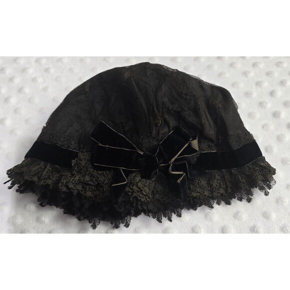 Antique Victorian Mourning Bonnet Hat Black Ribbon Lace Dark Brown Distressed main image 12